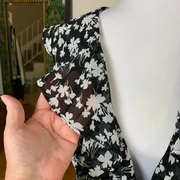 Vintage Size 12 Women's Floral Print Ruffle Dress Black White Tie Waist - Picture 8 of 16